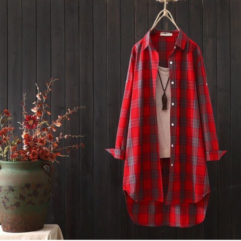 Verve Plus Size Plaid Baumwolle Leinen Damen Ärmel Lässig Stilvoll Lange Mode Lose Hemdjacke_voghion.com