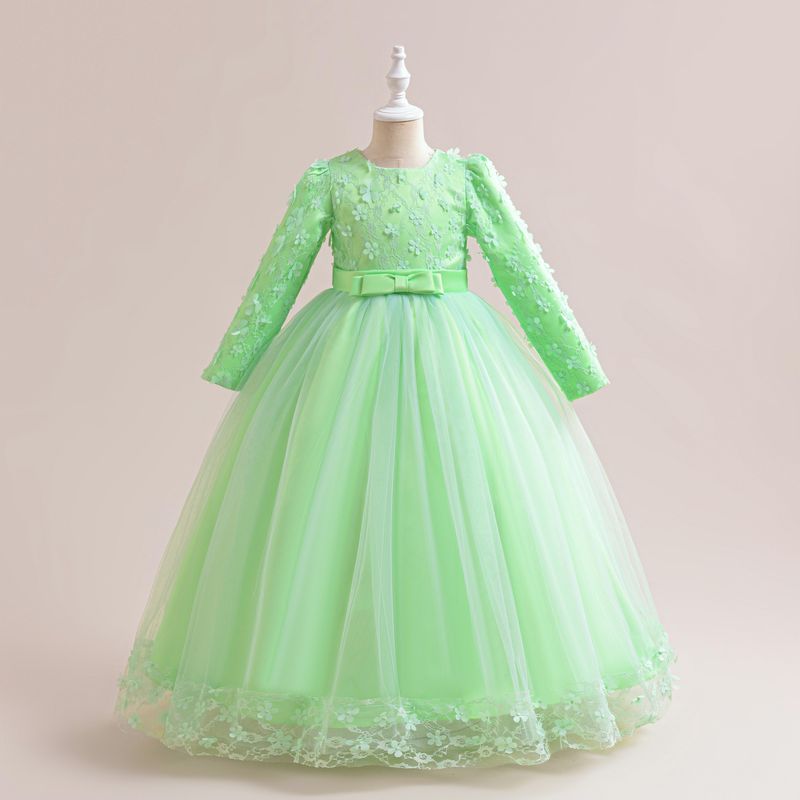 Roupas infantis manga comprida apliques vestido princesa vestido florista saia de apresentação_voghion.com