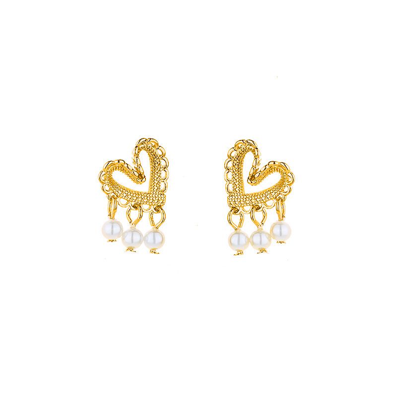 Sterling Sier VENUS Fashion Hollow Asymmetric Heart Pearl Stud Earrings Vintage Ladies Fringe Heart Earrin_voghion.com