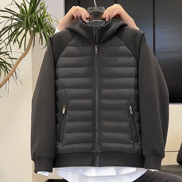 Trendige leichte Pufferjacke für Herren – Slim-Fit Kapuzenmantel mit Colorblocking (Schwarz/Grau)_voghion.com