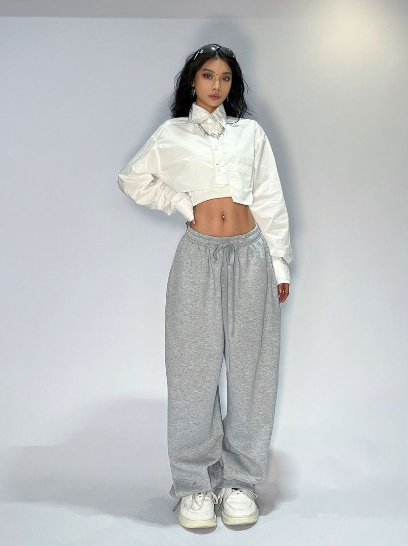 Spodnie dresowe damskie szare sportowe hip hop retro street dance jogging spodnie luźne swobodne szerokie nogawki ze ściągaczem_voghion.com