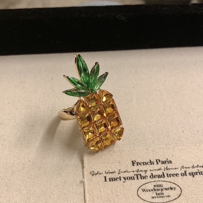 INS Summer Fruit Party Emaille-Glasur eingelegter Diamant Erdbeere Ananas Biene stapelbarer Zeigefingerring_voghion.com