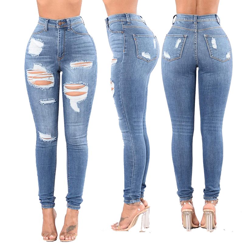 Dameskleding HSF2442 bestverkochte, veelzijdige, gescheurde denim panty met stretch en hoge taille_voghion.com