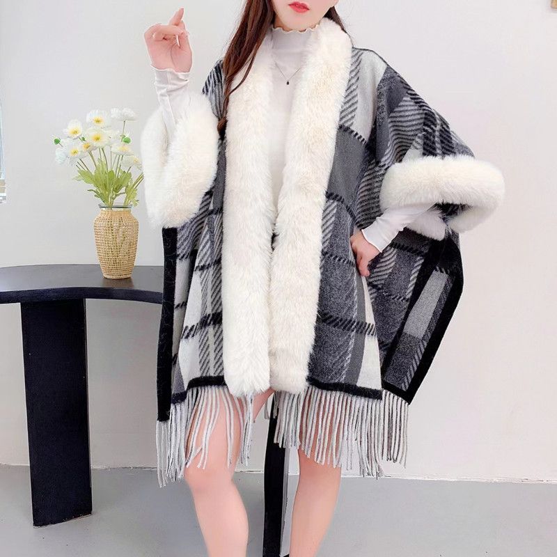 Fashion autumn/winter plaid knitted shawl Rex rabbit fur collar loose warm cape coat with knitwear women_voghion.com