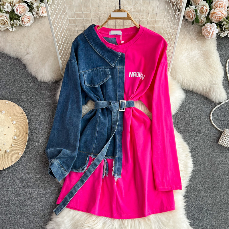 Damenbekleidung Temperament Taille mit Gürtel farblich passendes Denim lässiges mittellanges T-Shirt-Kleid_voghion.com