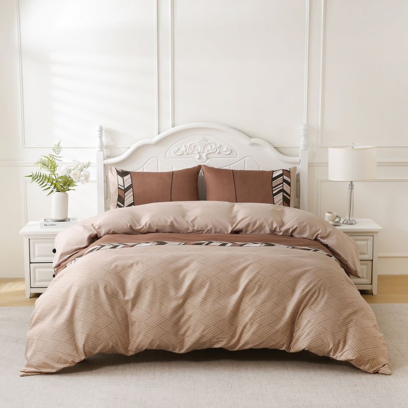 ​Brown Tribal Striped Duvet Cover Set - 3-Piece Boho Bedding (Wave Texture Rustic Style King/Queen Size Soft & Breathable Cotton)​_voghion.com