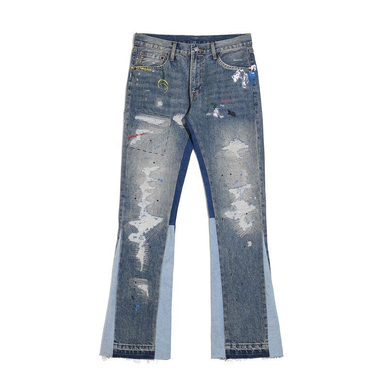 Men's Clothing washed old damaged holes cat whisker embroidery print ink splash micro flared wide-leg jeans_voghion.com