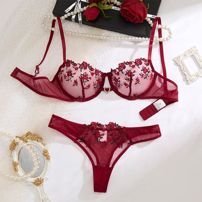 Women's Intimates Sexy Bra Floral Ultra Thin Red Underwear Pure Desire Style Sexy Bra Set_voghion.com