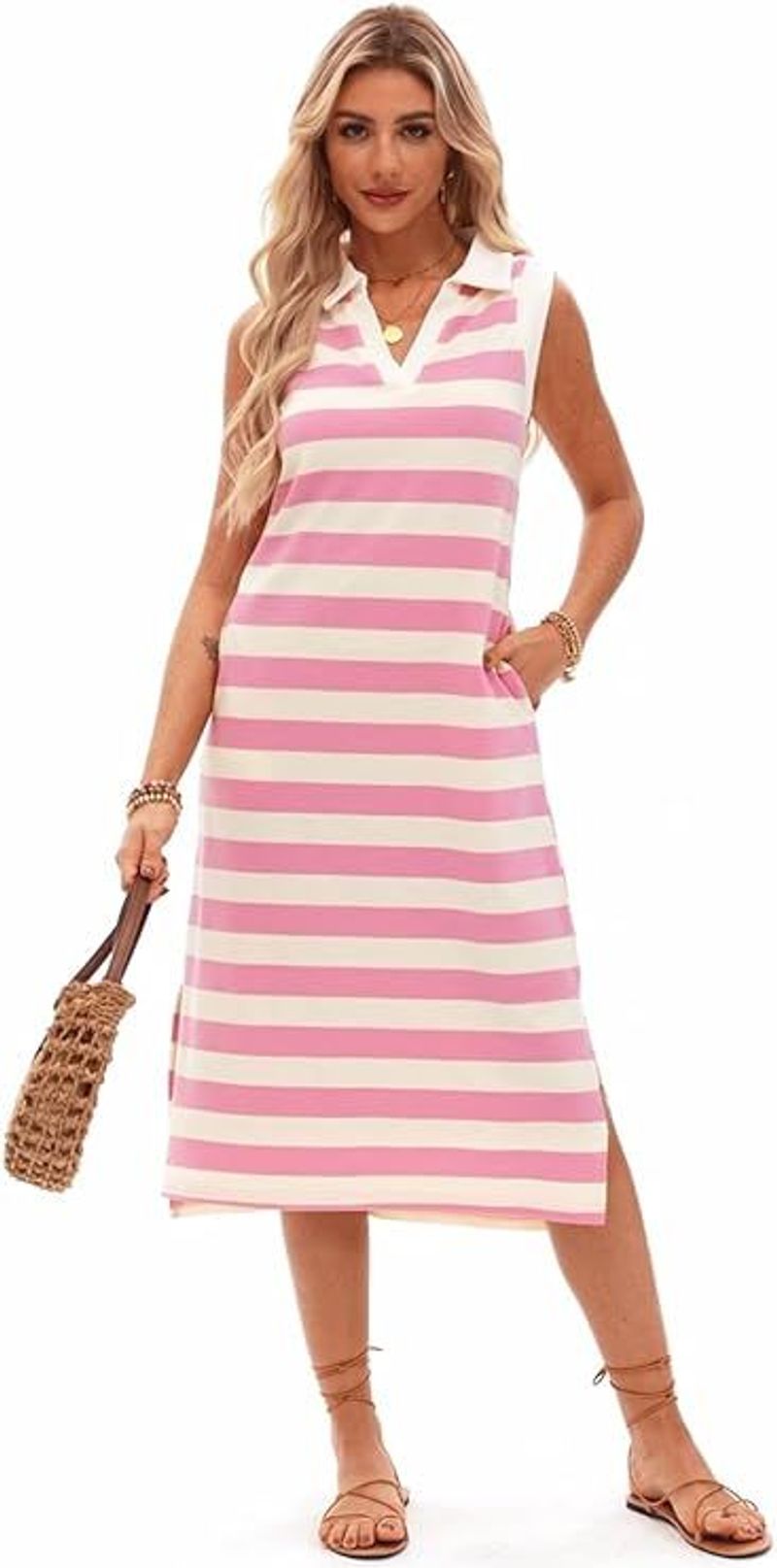 Women's Summer Dress 2025 Pink Small V Neck Sleeveless Tank Striped Casual Loose Fit Midi Sundress With Pockets_voghion.com
