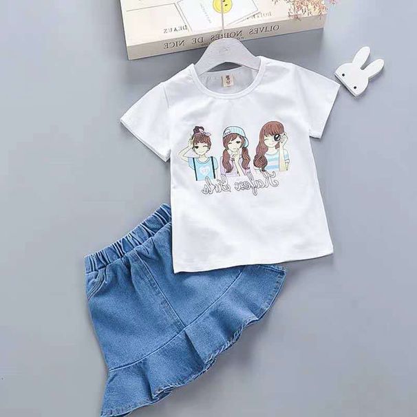 Completo da bambina, nuovo stile estivo, bambina con maniche a righe in cotone e gonna corta in denim per neonati, due pezzi_voghion.com