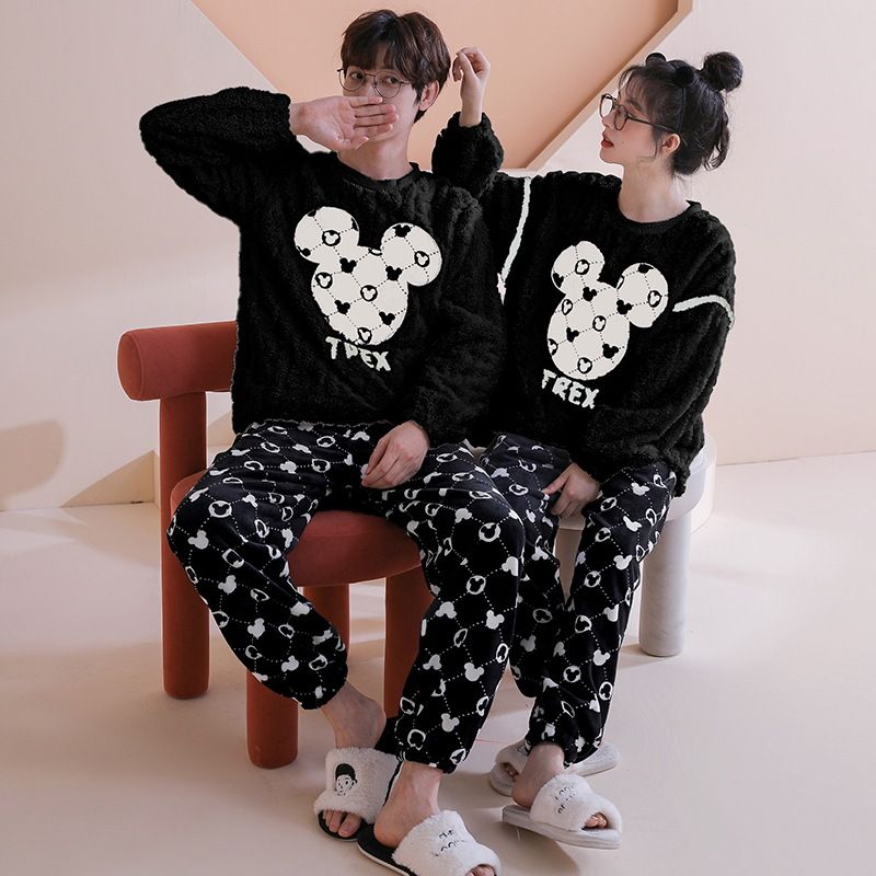 Couple autumn flannel pajamas long sleeved cartoon men and women, winter with thick coral fleece, home_voghion.com