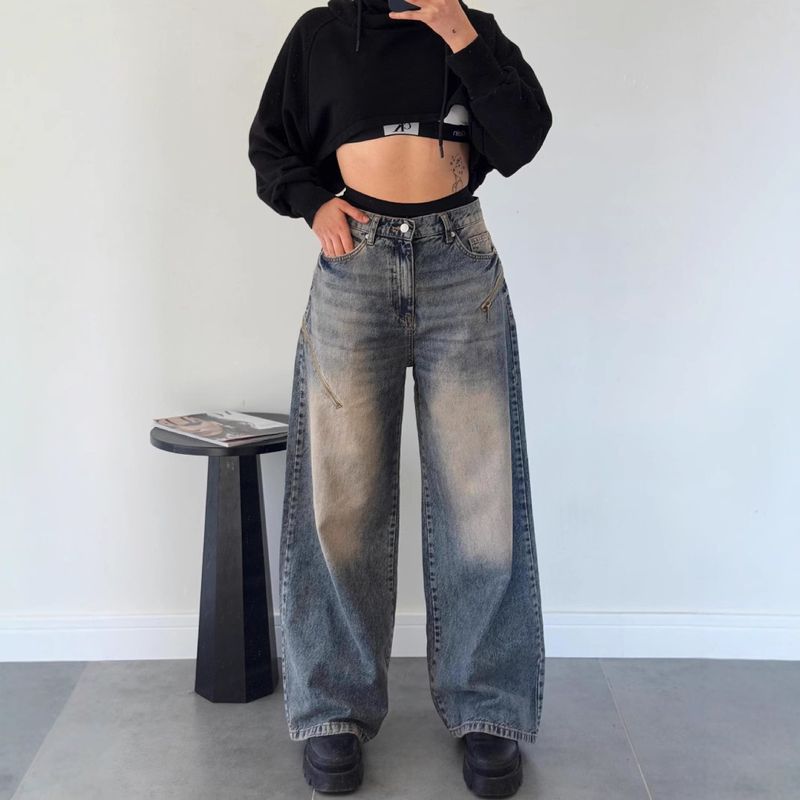 Damkläder Retro Street Style Lös Gradient Distressed Mopping Dam Jeans_voghion.com