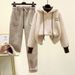 Ensemble deux pièces d'hiver douillet : sweat à capuche doublé polaire et pantalon en laine pour femmes de petite taille, tenue décontractée pour étudiantes._voghion.com