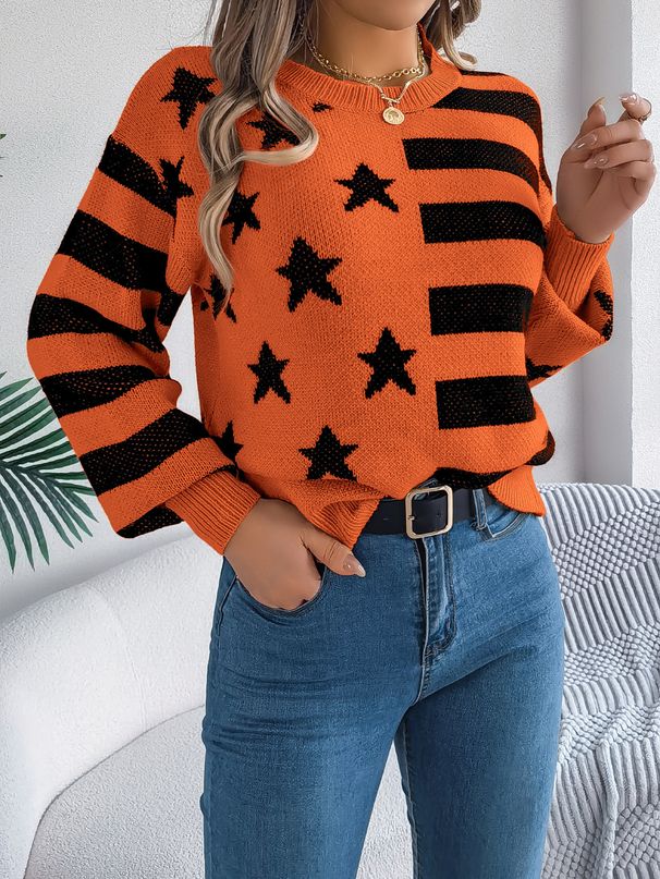 2025 Herbst Winter Casual Star Stripe Laterne Langarm Pullover Pullover Damenbekleidung_voghion.com