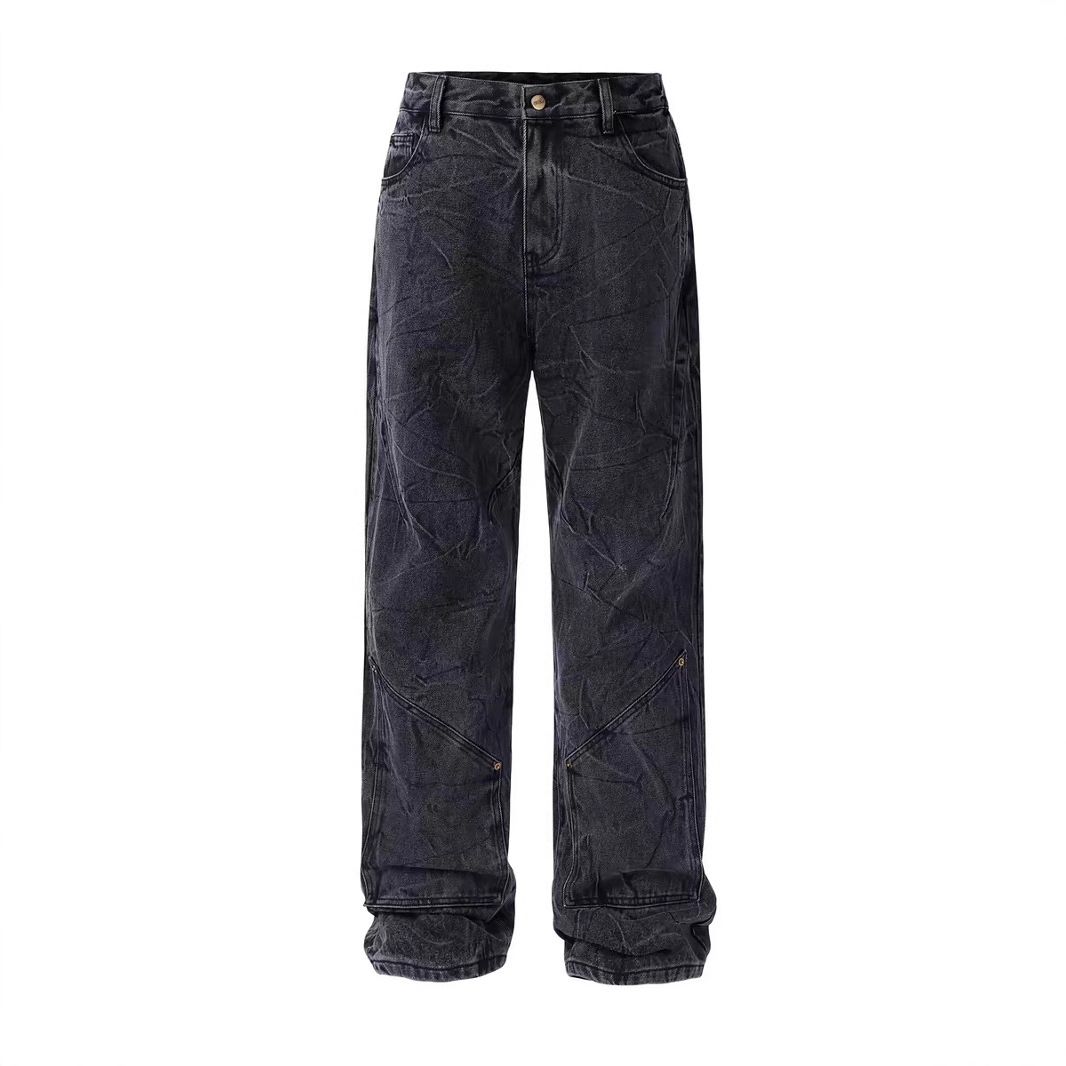 Herrenbekleidung Cleanfit Retro Snowflake Washed Jeans für Männer Robuste Distressed Ripple Pleated Vibe Straight Pants_voghion.com