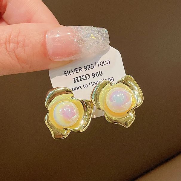 Metallblume Meerjungfrau Prinzessin Perlennische, High-End, Temperament, Ohrringe, französische Mode, Persönlichkeit, vielseitige Ohrringe_voghion.com