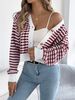 Women's Clothing Contrast Striped Lantern Striped Batwing Sleeve Cardigan Sweater - Short Length V-Neck Fall/Winter Knit Top (Khaki, Burgundy, Black)_voghion.com