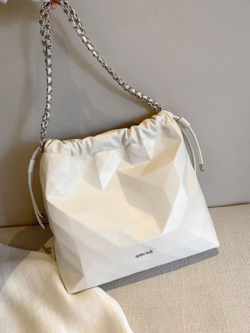 Borsa a tracolla con catena geometrica a secchiello bianco crema 2023, grande capacità, per donna_voghion.com