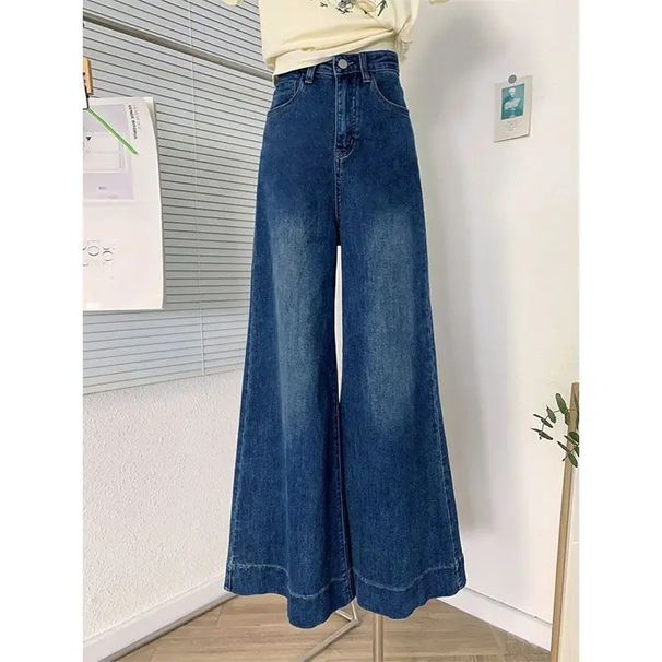 Retro Blue Versatile Wide Leg Jeans Elastic High Waist Design Women's Draping Pants Slimming Effect Made In China_voghion.com
