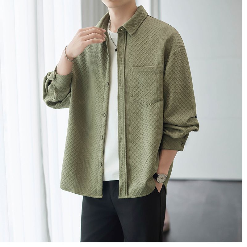 Herrenbekleidung, Strick-Langarmhemd, lässig, lockere Passform, Button-Down-Hemd, leichtes, atmungsaktives Polyester-Mischgewebe, schicke Büro-Streetwear (Khaki)​_voghion.com