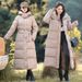 Casaco longo de inverno feminino com capuz e cinto, jaqueta acolchoada grande, sobretudo quente de poliéster espesso para clima frio_voghion.com