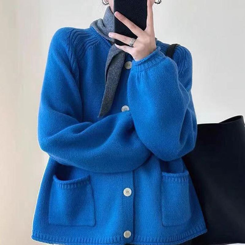 Cardigan tricotat albastru Klein pentru femei, primăvară-toamnă, design lejer și elegant, mânecă tip felinar de nișă_voghion.com