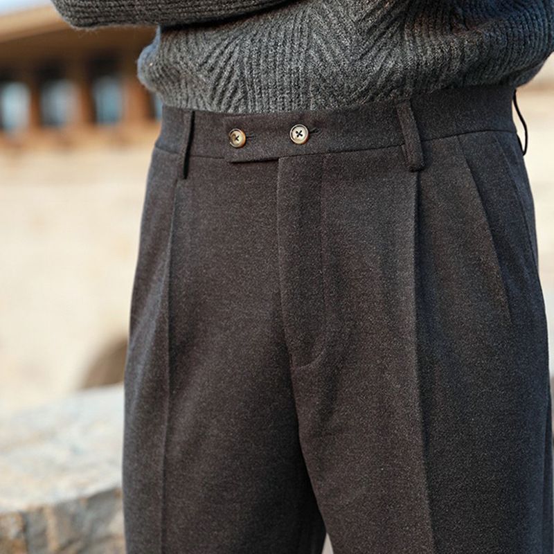 Ropa para hombres Pantalones casuales ajustados de negocios de Nápoles, pantalones drapeados de cintura alta, pantalones retro rectos de lana para hombres_voghion.com