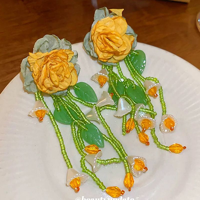 Women’s Jewelry Set Fashion Super New Gentle And Elegant Temperament Chiffon Flower Beaded Tassel Earrings Summer Niche Design Handmade Earrings_voghion.com