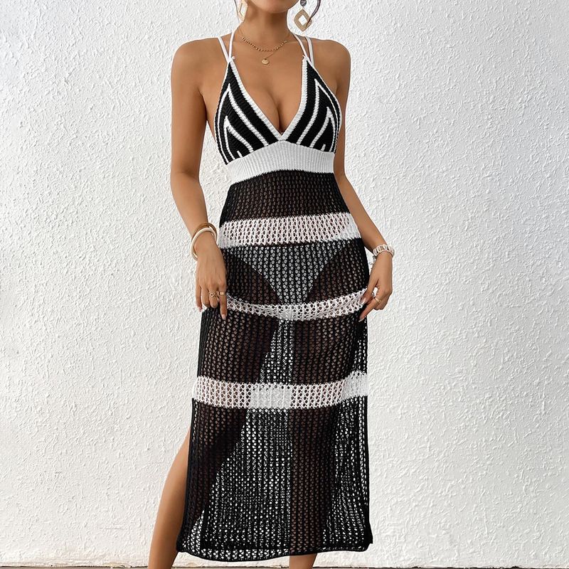 Gonna lunga da donna con scollo a V profondo, cuciture a contrasto, gonna con bretelle, abito aderente con spalline, camicetta da spiaggia_voghion.com