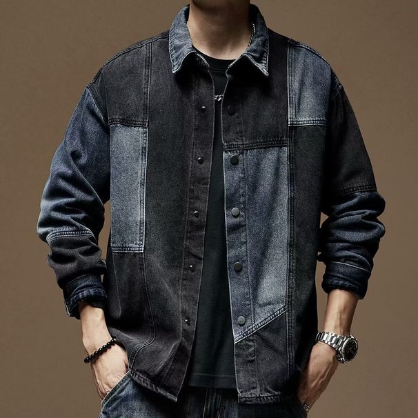 Vintage Washed Denim Shirt For Men, Distressed Long Sleeve Casual Jacket With Color Blocking, Loose Fit Retro Overshirt For Spring & Fall_voghion.com