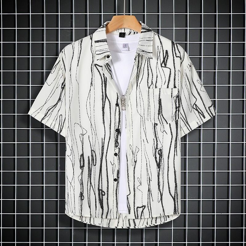 Camicia da uomo di alta moda, a righe, con risvolto largo, in seta ghiacciata, a maniche corte_voghion.com