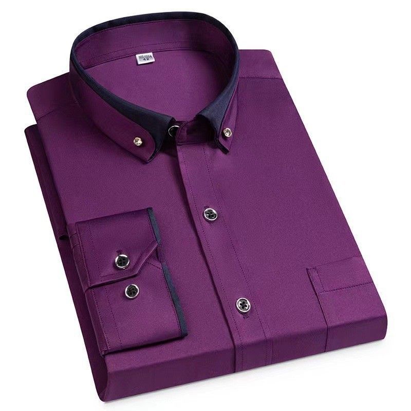 Cross Border New Men's Contrasting Collar Elastic Long Sleeved For Business, Casual, Comfortable, No Ironing Shirt From_voghion.com