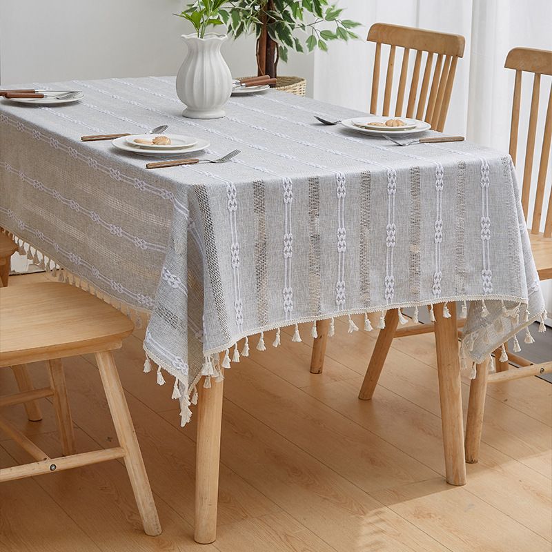 ​Französische Vintage-Tischdecke mit Streifen – rustikaler Bauernhausstil mit gestickten Details, elegant und stilvoll für Esstisch und Couchtisch_voghion.com