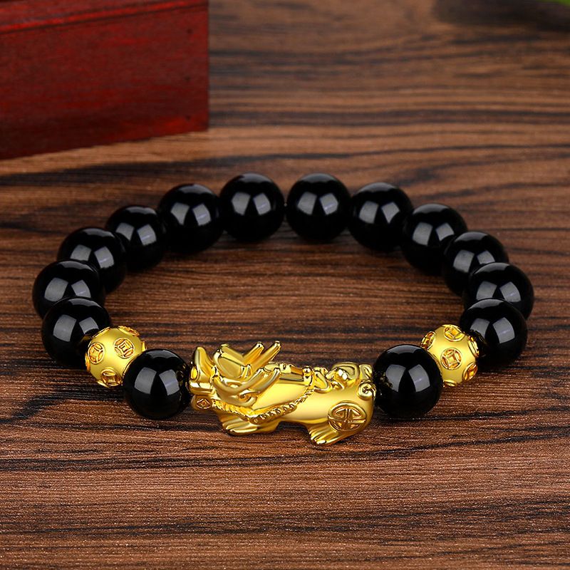 Bracciale unisex alla moda in oro con perline di mantra a sei caratteri in ossidiana color oro_voghion.com