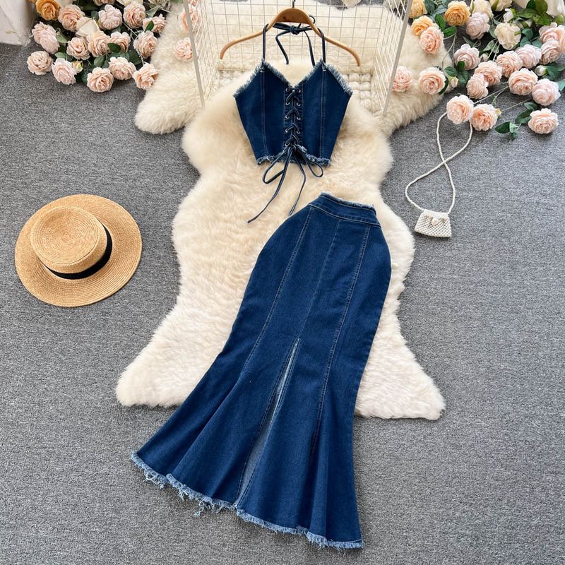 Zweiteiliges Set aus Neckholder-Tube-Top und Fischschwanzrock für Damen_voghion.com