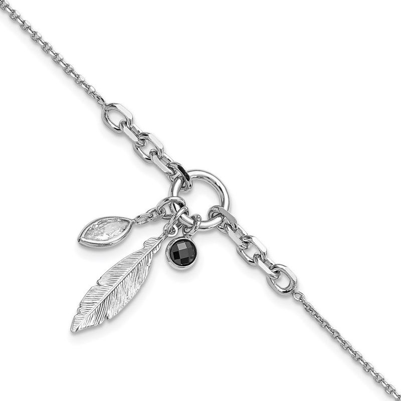Sterling Silver Rhodium-plated Feather And CZ W/.5 In Ext Bracelet_voghion.com