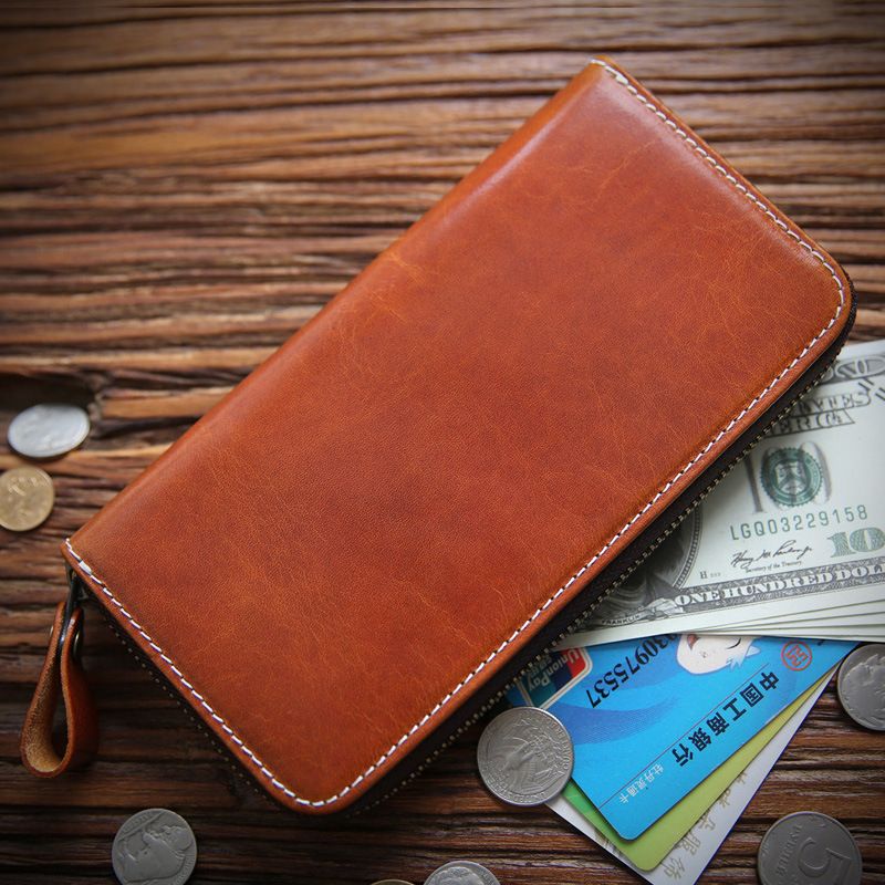 Cartera larga de piel auténtica italiana curtida con vegetales para hombre, hecha a mano, con cremallera, capa superior de piel de vaca, estilo clutch informal._voghion.com