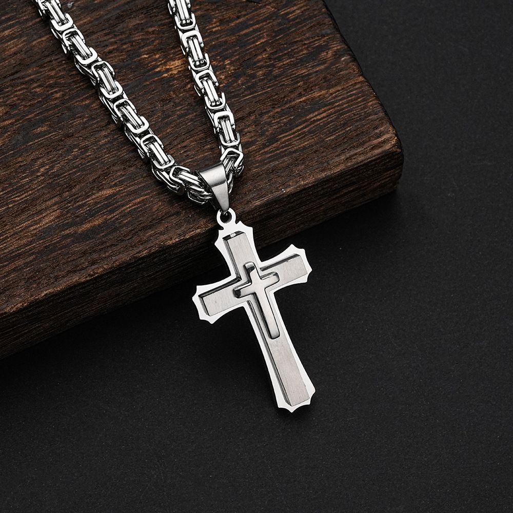 Collana audace con croce in acciaio al titanio a tre strati, accessori hip-hop da uomo_voghion.com