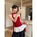 Ballet Style Red Polka Dot Bow Camisole Vest For Women's Summer Design, Patchwork Ruffle Edge Ribbon Top_voghion.com