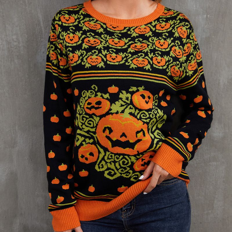 Pull citrouille Halloween pour femmes, pull à col rond, tricot ample, automne_voghion.com