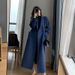 Women's Plus Size Long Wool Coat With Belt, Oversized Trench Coat For Curvy Ladies, Warm Winter Overcoat In Navy & Black_voghion.com