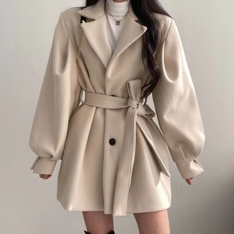Ropa de mujer Abrigo de lana negro estilo Hepburn Nuevo abrigo de lana grueso de cintura pequeña y largo medio_voghion.com