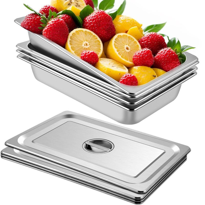 VEVOR 4 Pack Steam Table Pans 20.9 X 12.8 X 3.9 Inch Deep Steam Table Pan Full Size 13L Deep Food Container Stainless Steel Oven Tray Hotel Pans Anti-Jam Steam Table Food Pan_voghion.com