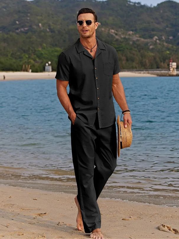 Herrenbekleidung Sommersport Kurzarm + Lange Hose Zweiteiliger Herren-Freizeitanzug Hawaiian Beachwear Kurzarmhemd_voghion.com