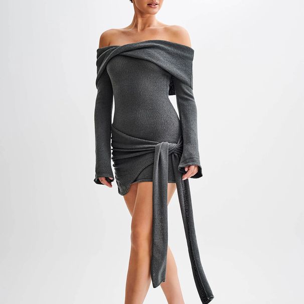 Sexy Off-Shoulder Knit Bodycon Dress With Tie Detail - Long Sleeve Mini Dress For Women, Streetwear Chic, Polyester Blend_voghion.com