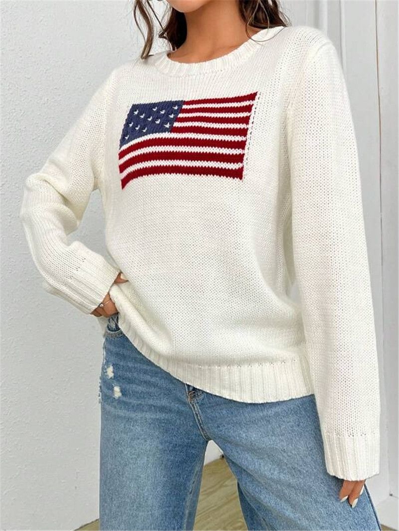 Pull tricoté simple et polyvalent à col rond et motif drapeau pour femme_voghion.com