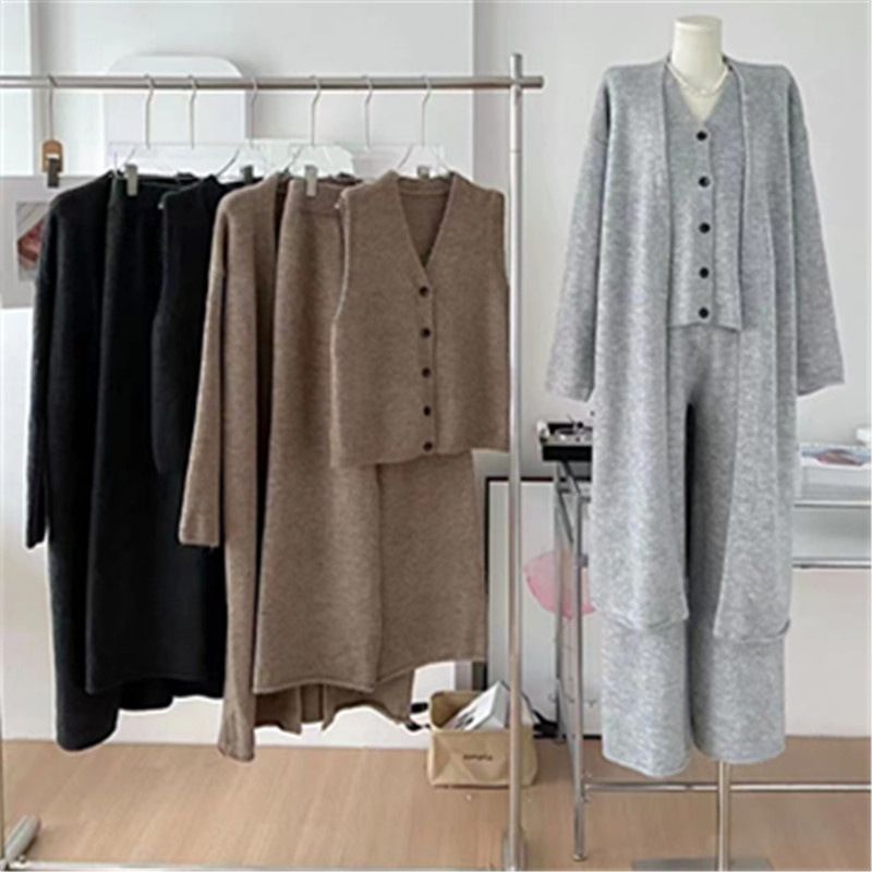 Ropa de mujer Popular Nuevo Otoño e Invierno Ocio Moda Manga Larga Tejido Cárdigan Largo Chaleco Interior Pantalones de Cintura Alta Traje de Tres Piezas_voghion.com