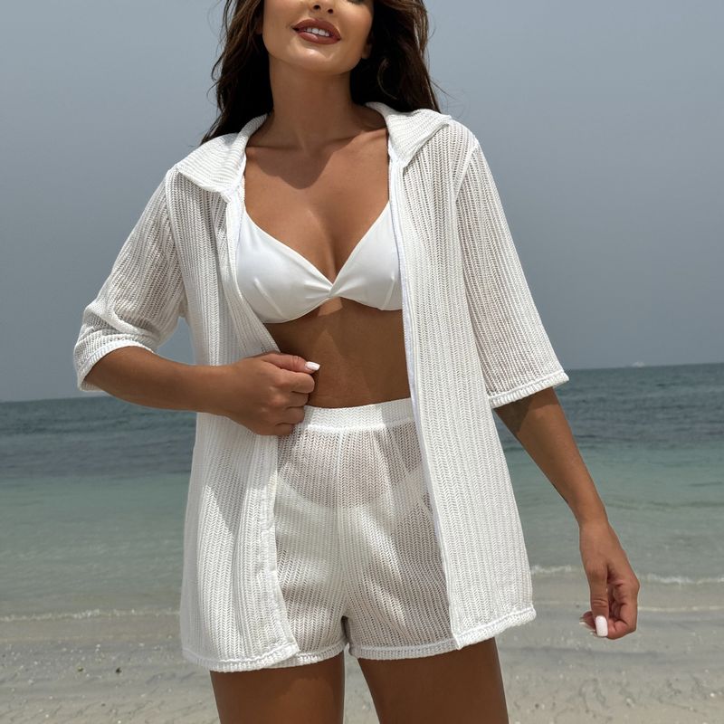 Dameskleding Effen kleur Nieuw strand Zonnebrandcrème Mesh Shirt Shorts Vierdelig badpak_voghion.com