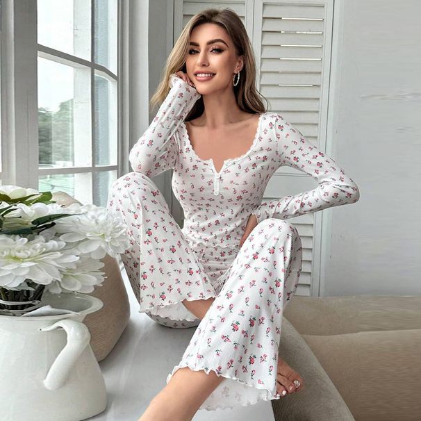 Heißer Verkauf Deep V Spitzenbesatz Knopfärmel Lange Hosen Pyjamas Damen Homewear Zweiteiliges Set_voghion.com