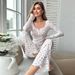 Heißer Verkauf Deep V Spitzenbesatz Knopfärmel Lange Hosen Pyjamas Damen Homewear Zweiteiliges Set_voghion.com